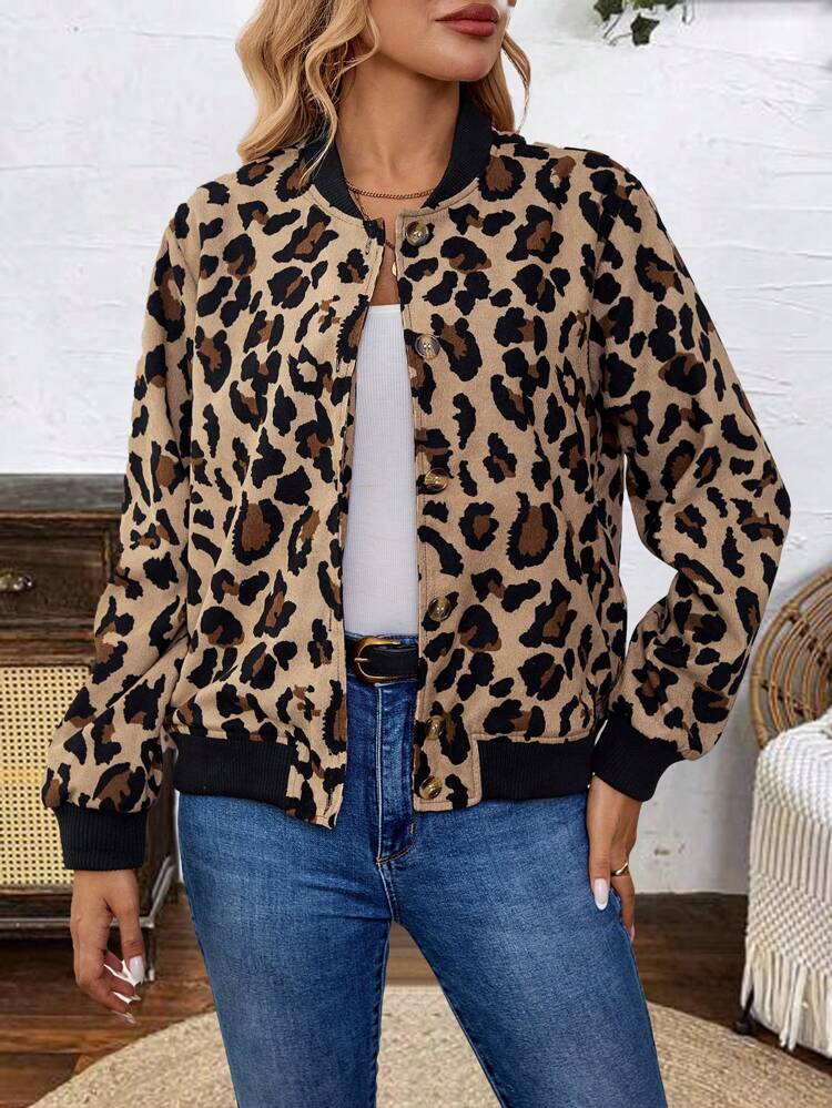 Women's Button-Up Baseball Collar Leopard Print Long Sleeve Jacket, Daily Casual Chic