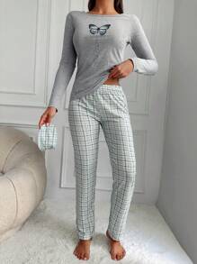 RueChic Butterfly And Plaid Print PJ Set - Multicolor - View 4
