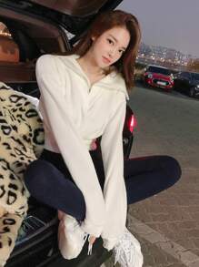 DAZY 1件女士纯色短款收腰翻领卫衣，秋季长袖上衣，返校季服装，秋季女装连帽衫 - 白色 - 查看 3
