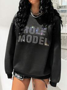 Muchica Sudadera de mujer de cuello redondo y manga larga con transferencia de alfabeto de diamantes de imitación - Negro - Ver 2