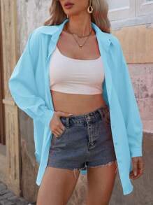 EMERY ROSE Women's Solid Long Sleeve Loose Casual Office Blouse, Spring & Summer Women Shirt - Baby Blue - View 5