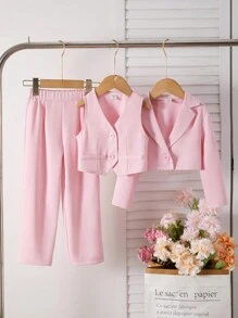 2 pièces/set Ensemble veste blazer courte rose décontractée chic et pantalon pour petites filles, tenues assorties mère-fille (vendues séparément) - Rose bonbon - Voir 4