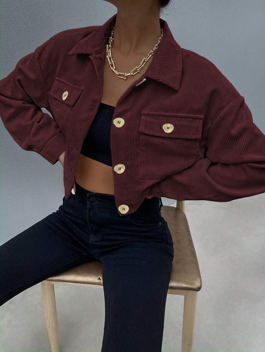 SHEIN Unity 1 件女式单排扣休闲日常灯芯绒夹克 - 紅色 - 查看 1