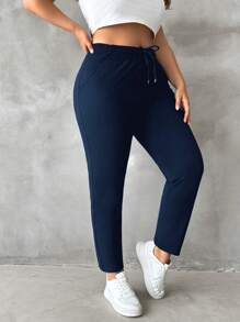 EURMUSE Plus Size Drawstring Cargo Pants - Navy Blue - View 4