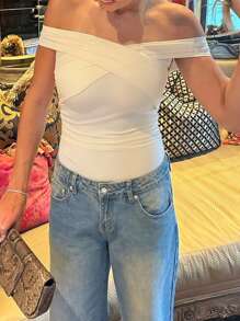 INAWLY 女士露肩纯色修身衬衫，夏季 - 白色 - 查看 1