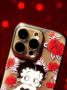 Betty Boop x SHEIN Clear Cute Cartoon Figure & Floral Rose Pattern Phone Case,Compatible With IPhone,Gift Ideas,Party,Holiday,Valentine's Day - Clear - View 4