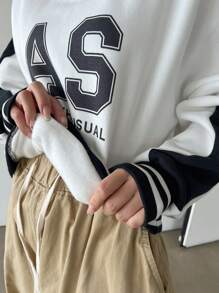 DAZY 女式休闲字母印花拼色套头衫，秋季女装 - 白色 - 查看 11