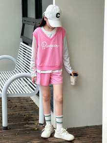 SHEIN Conjunto casual de estilo coreano color rosa para niñas preadolescentes, incluye camiseta sin mangas y pantalones cortos - Rosa - Ver 4
