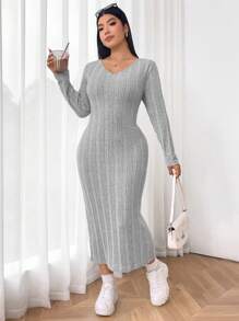 SHEIN EZwear Vestido ajustado largo de punto acanalado gris para mujer de talla grande - Gris - Ver 2