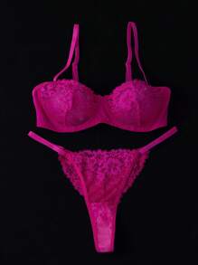 SHEIN 2pcs Women's Fashion Daily Match Lace Bra & Panty Underwear Set Sexy Lingerie