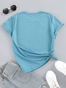 SHEIN LUNE Damen Lässiges Rundhals T-Shirt mit Kurzarm und Buchstabe Muster, Sommer