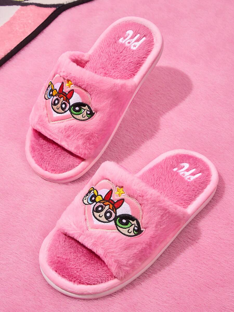 THE POWERPUFF GIRLS X SHEIN 女士可爱花朵、泡泡、毛茛刺绣露趾毛绒家居拖鞋，适合新年、春季、春假、复活节、情人节、冬季等场合，Y2K - 淺粉色 - 查看 1