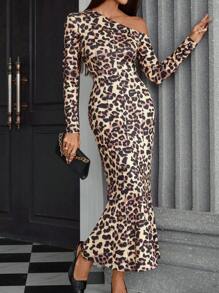 Aveloria Modichic Vintage Animal Leopard Print Asymmetrical Shoulder Form-Fitting Fishtail Dress With Long Sleeves
