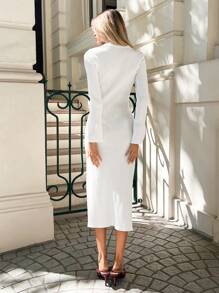 Forever 21 新款秋冬款深V領修身優雅中長款長袖連衣裙 - 白色 - 查看 3