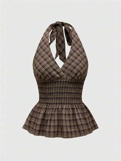 Women's Plaid Halter Neck Ruched Hem Casual Retro Camisole