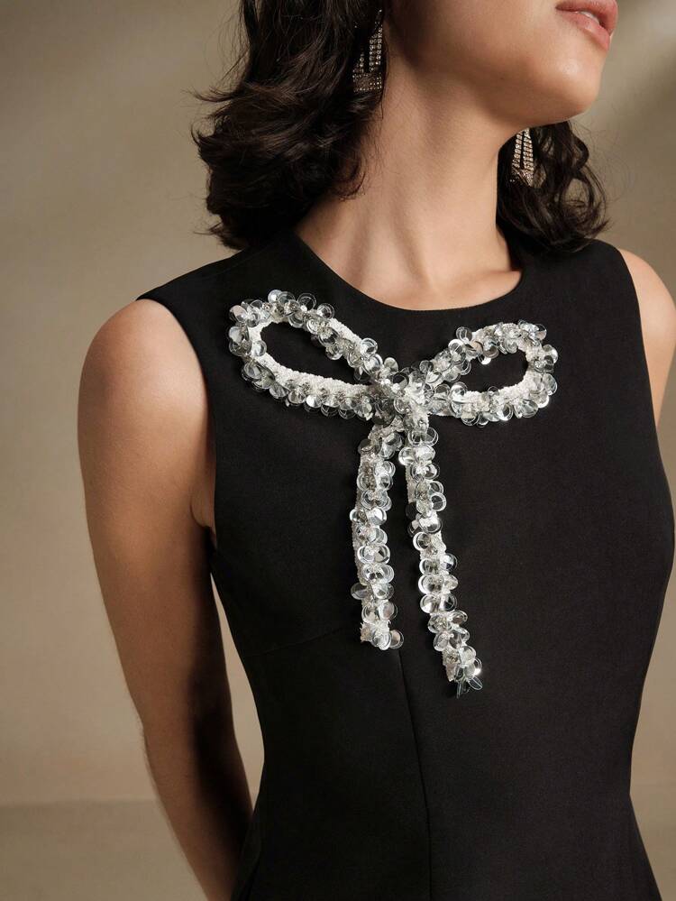 Elegant Beaded Bow Tie Black Sleeveless A-Line Dress