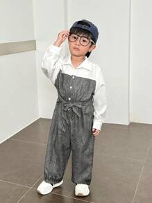 SHEIN 1 件年轻男孩休闲学院舒适时尚简约实用百搭日韩宽松版型拼布翻领衬衫连体裤儿童服装年轻男孩衣服学校返校男孩服装生日派对、聚会、表演、婚礼、洗礼、一周年庆典适合日常上学适合旅行适合运动适合春、夏、秋、冬 - 白色 - 查看 3