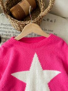 LMoss Kids Tween Girl Star Pattern Round Neck Drop Shoulder Sweater, Sibling Outfits,In Fall/Winter - Hot Pink - View 4