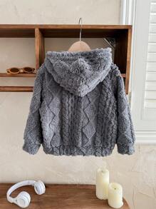 SHEIN Young Boys Casual Comfy Plush Textured Letter Embroidery Zip-Up Warm Hooded Fleece Jacket Outerwear For Fall/Winter