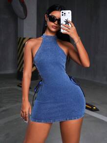 SHEIN ICON Vestido midi de verano de mujer en denim con tirantes de espagueti y ajuste ajustado con atar a los lados