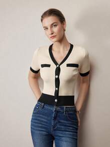 MOTF PREMIUM CONTRAST BINDING SINGLE BREASTED PLACKET SLIM FIT CARDIGAN - Black and White - View 5