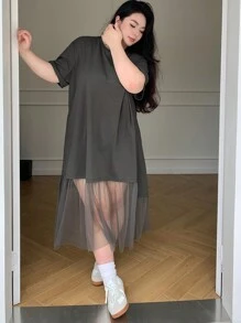 Dazy Plus Plus Size Midi Length T-Shirt Style Mesh Patchwork Dress, Spring/Summer Sundress,Casual Women Dresses - Grey - View 6
