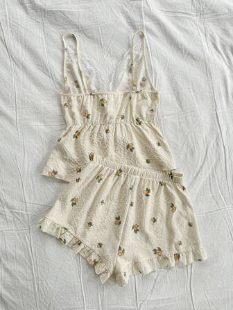 CottageSlumber Conjunto de Camiseta Regata e Shorts de Pijama Floral com Recortes em Renda, Temporada de Férias de Verão