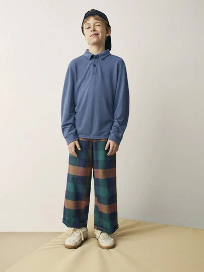 SHEIN 男童多色格子编织直筒宽松休闲裤，适合返校季和秋冬季穿着