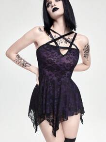 ROMWE Gothic Hollow 5-Pointed Star Splicing Asymmetrical Sexy Lingerie Set For Women - Black - View 1