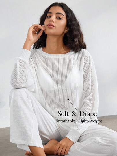 Ocili Leisure Women's Daily Simple Solid Color Long Sleeve Home Clothes Top