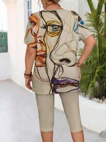 Conjunto de 2 piezas de camiseta de manga corta con cuello redondo y estampado abstracto talla grande talla, y mallas, casual para el verano, para mujer - Multicolor - Ver 2