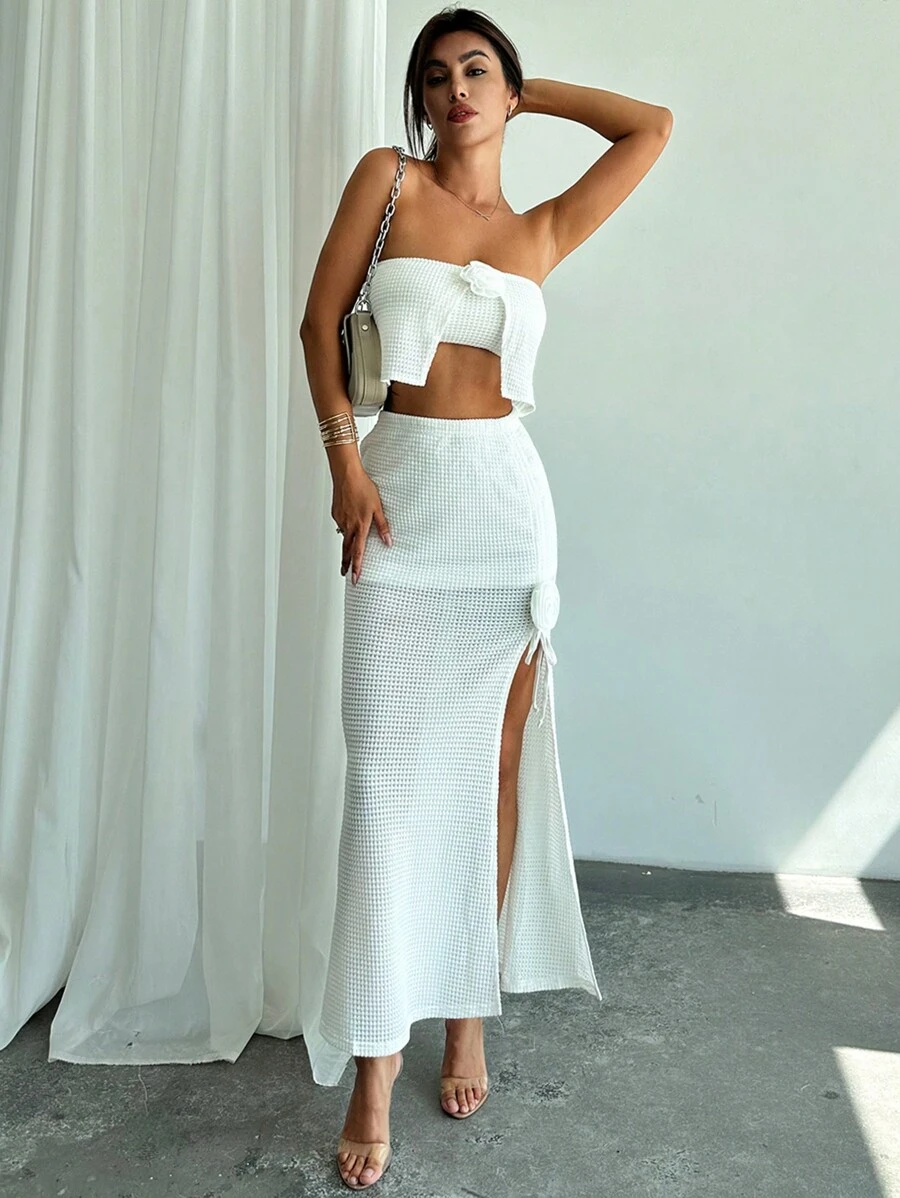 SHEIN Privé 2pcs Women Summer Elegant Vacation Music Festival Wedding Floral Bandeau Top And High Waist Slit Floral Skirt Set Hawaii - White - View 1