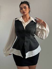 Flirla Plus Size Women's Button-Down Striped Shirt - Black and White - View 4