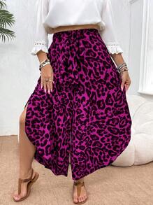 SHEIN VCAY Plus Size Asymmetrical Hem Leopard Print Wide Leg Pants, Casual