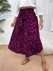 SHEIN VCAY Plus Size Asymmetrical Hem Leopard Print Wide Leg Pants, Casual