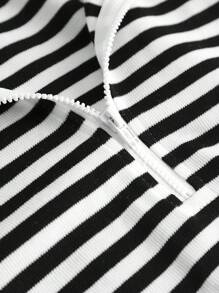 SHEIN 2 件套少女针织条纹领口运动衫和宽松短裤套装 - 黑與白 - 查看 5