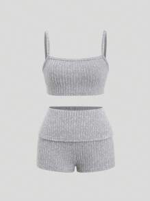 SHEIN Unity 罗纹面料抹胸和轻质开衫搭配超短紧身裤 - 灰色 - 查看 3