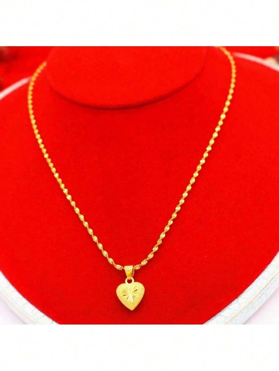 1pc Vietnam 24K Gold Filled Solid Heart-Shaped Pendant, Chain Necklace Jewelry For Women Valentines