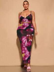 SHEIN BAE 大码女式夏季度假印花吊带背心长裙两件套 - 玫紅色 - 查看 6