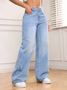 SHEIN PETITE Women Casual Pockets Wide-Leg Loose Fit Denim Jeans - Light Wash - View 6