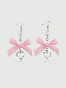 ROMWE Kawaii 1pair Cute Pink Bow Heart Earrings For Women, Daily Wear Valentines,Mom,Mother,Mother's Day,Gift - Multicolor - View 1