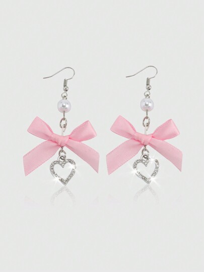 Kawaii 1pair Cute Pink Bow Heart Earrings For Women, Daily Wear Valentines,Mom,Mother,Mother's Day,Gift
