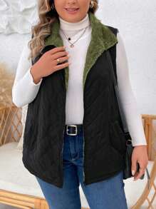 SHEIN LUNE Plus Size Women's Solid Color Zipper Front Pockets Casual Loose Padded Vest, Winter - Army Green - View 5