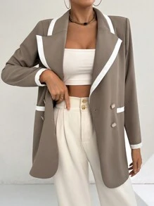 Modelyn Blazer elegante de doble botonadura de mangas largas con bloques de color para mujer, primavera otoño