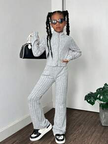 SHEIN Tween Girls Knitted Solid Color Long Sleeve Cardigan And Leggings Casual Set - Grey - View 1