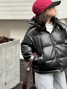 Dazy Kids Abrigo acolchado de unicolor para niñas, chaqueta de cuero para ropa de otoño de niña preadolescente - Negro - Ver 7