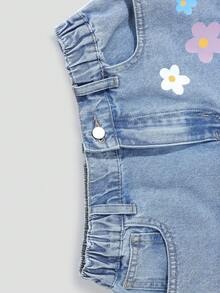 SHEIN Explorewe Quần short denim ống rộng 5 túi, thiết yếu quanh năm, thời trang denim đa năng, phong cách học thuật, mặc đi chơi, dạo phố hiện đại, mặc đi nghỉ dưỡng, thường ngày, giặt bằng enzyme, màu Dopamine, họa tiết hoa - Rửa nhẹ - Xem 5