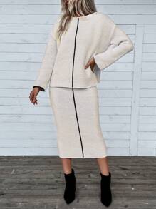 Chiquease 女士落肩长袖毛衣和松紧腰裙套装