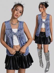 SHEIN 少女宽松蓝色牛仔蝴蝶结背心 - 淺色水洗藍 - 查看 3