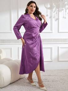 Modelyn 大碼V領長袖連衣裙，假珍珠點綴和褶皺細節 - 玫紅色 - 查看 3